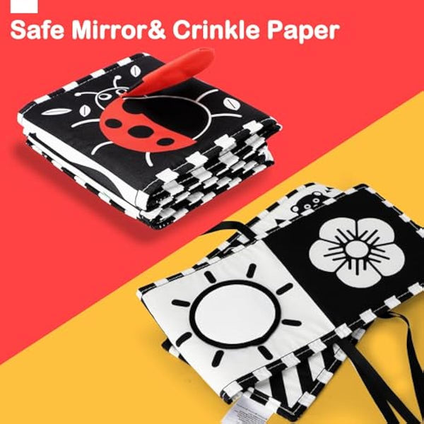 urmywo black and white baby toy, tummy time high contrast newborn toys 0-3 months, soft baby book