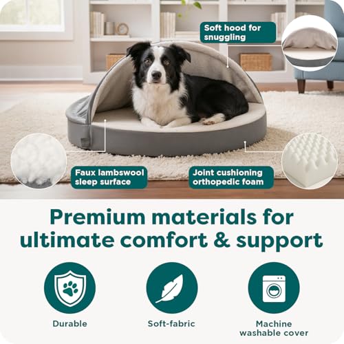 FurHaven 35"D x 3"H Round Orthopedic Dog Bed for Large Dogs with Egg Crate Base and Snuggery Hood, Gray