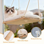 Cat Window Perch, Rustic Cat Hammock Bed with Solid Wood Seat 4 Heavy Duty Suction Cups, Plush Cushion, Indoor Pet Window Hammock for Cats for Large Cats