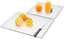 Tempered glass cutting board for kitchen use, 2 pieces, 12x16 and 12x8 inches, clear, heat resistant, non-slip feet