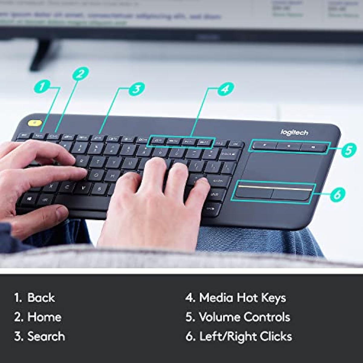 Logitech K400 Plus Wireless Touch TV Keyboard with Easy Media Control and Built-in Touchpad, HTPC Keyboard for PC-Connected TV, Windows, Android, ChromeOS, Laptop, Tablet - Black
