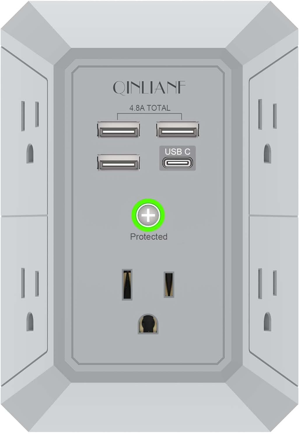 Wall Charger, Surge Protector, QINLIANF 5 Outlet Extender with 4 USB Charging Ports (4.8A Total) 3-Sided 1680J Power Strip Multi Plug Adapter Spaced for Home Travel Office (3U1C)