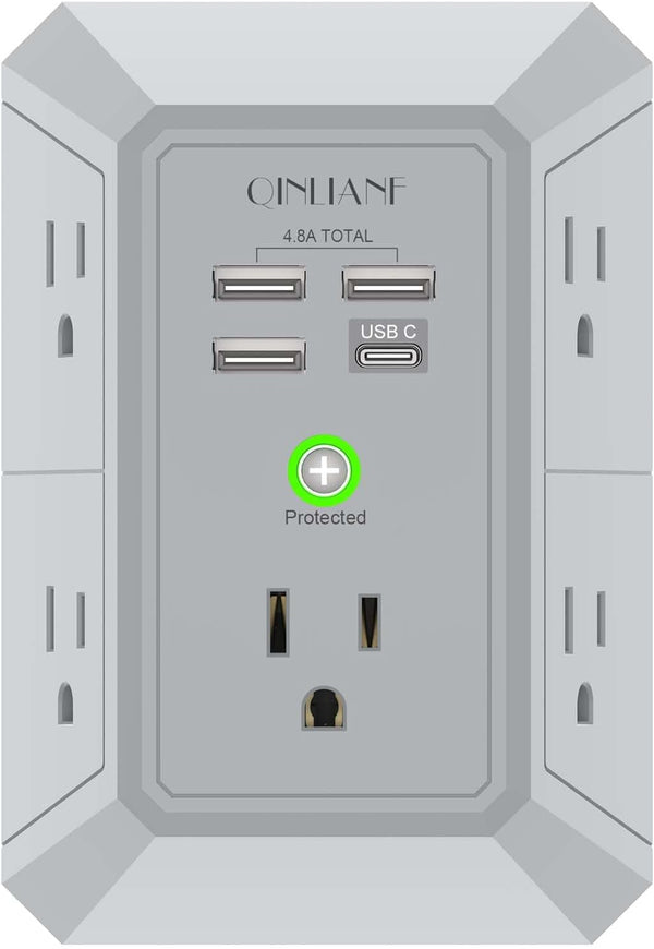 Qinlianf Wall Charger 5 Outlet Extender with 4 USB Charging Ports 3-Sided Power Strip Multi Plug Adapter 3U1C
