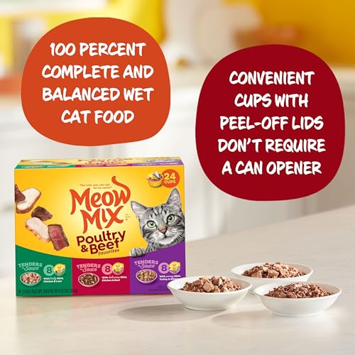 meow mix tenders in sauce wet cat food variety pack poultry beef 2.75 ounce cups 24 count