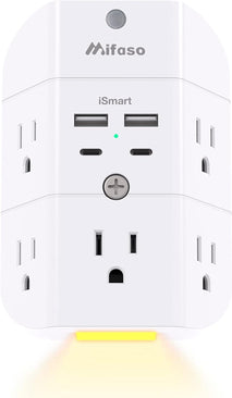 Surge protector outlet extender with night light, 5-outlet splitter, and 4 USB ports for home and dorm room essentials