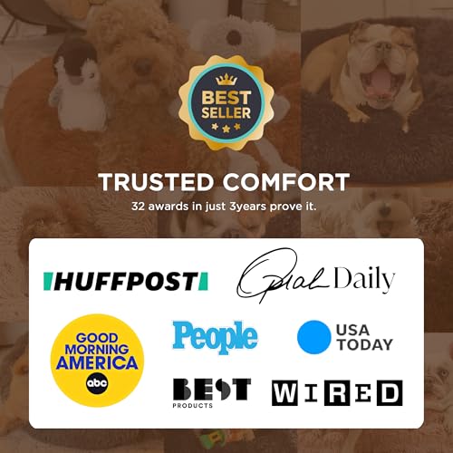 Bedsure calming medium size dog bed, 30 inches donut washable plush faux fur pet bed, fits up to 45 lbs pets, camel
