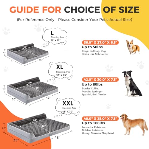 Grey XL Orthopedic Dog Bed with L-Shaped Bolster and Waterproof Cover for Large Dogs 42x30x7.5 inches