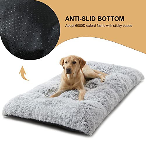 BFPETHOME grey plush dog crate bed for large dogs, fluffy cozy kennel pad with anti-slip bottom, washable pet mat