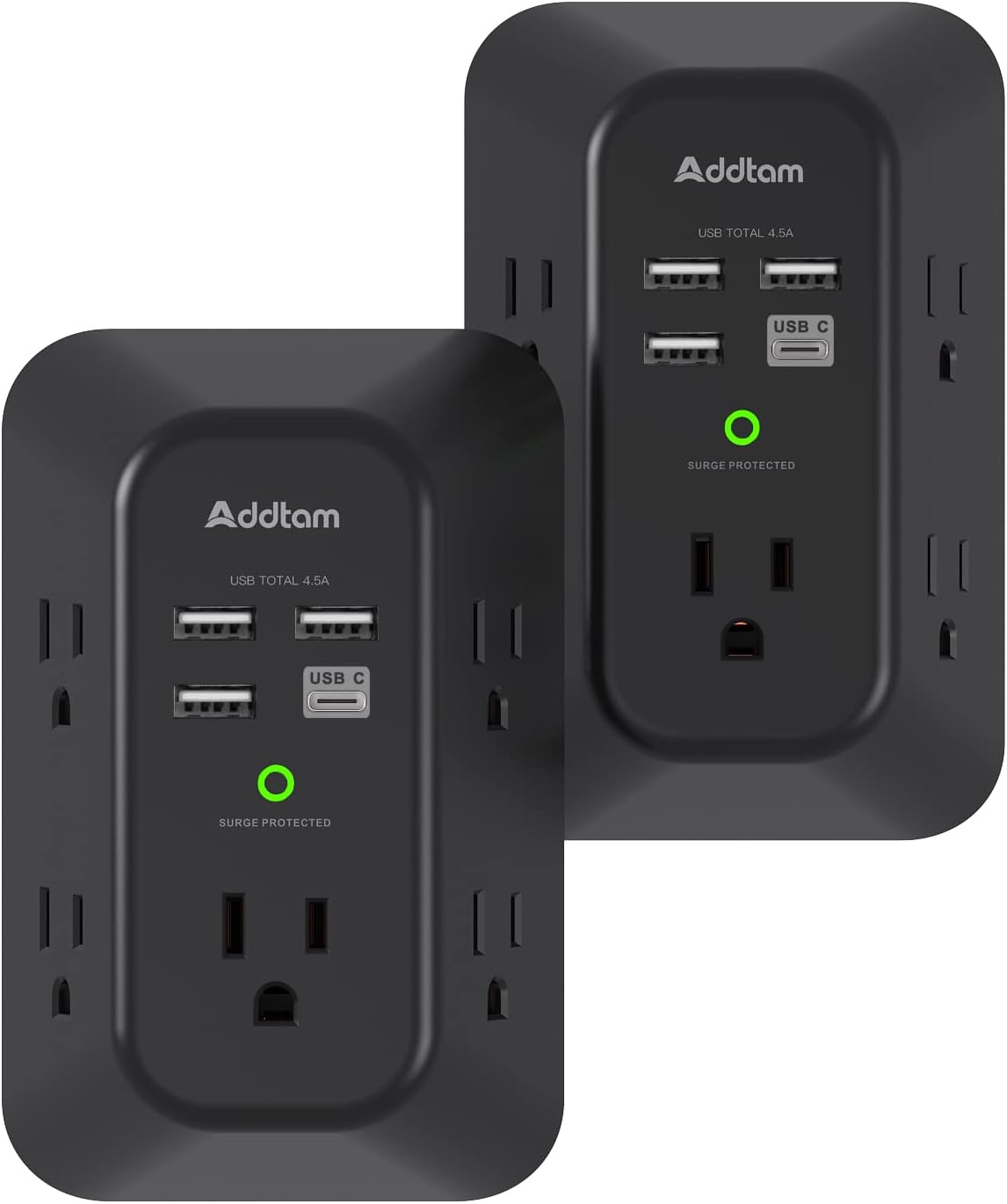 Addtam USB Wall Charger Surge Protector – 5 Outlet Extender with 4 USB Ports (1 USB-C) 1800J Power Strip Multi Plug Adapter for Home & Office