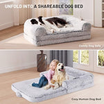 grey human dog bed for adults with egg foam supportive mat and faux fur