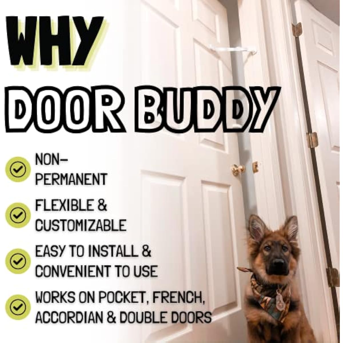 Door Buddy Cat Door Latch & Stopper. Adjustable Dog Proof Door Strap for Cats. Dog Proof Litter Box & Cat Feeder. Simpler Pet Gate Alternative. No Cut Cat Door Interior Door.