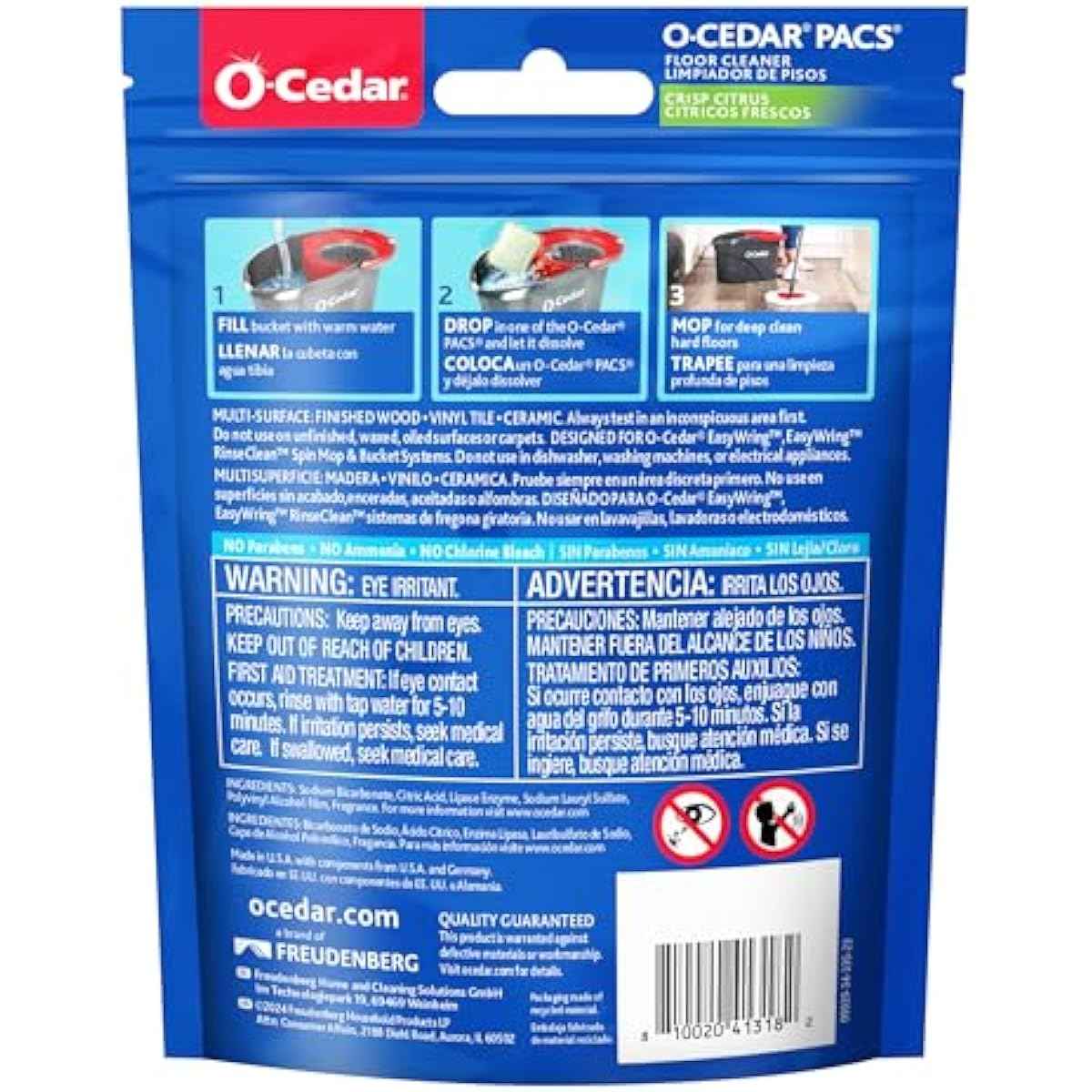 O-Cedar PACS Hard Floor Cleaner, Crisp Citrus Scent 10 Count (1-Pack) | Made with Naturally-Derived Ingredients | Safe to Use on All Hard Floors | Perfect for Mop Buckets