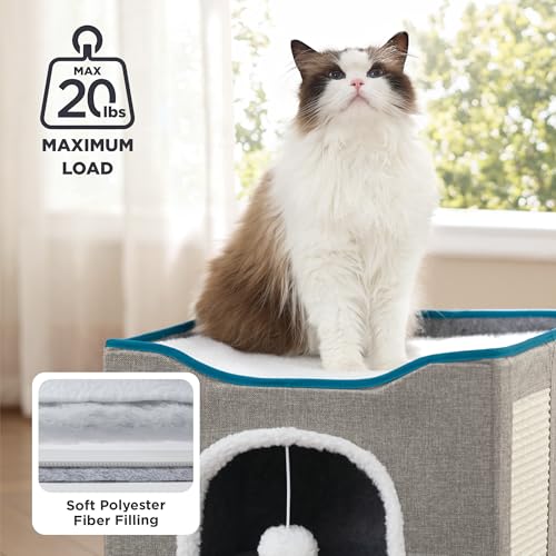 Bedsure Large Grey Cat Cave with Fluffy Ball and Scratch Pad, Foldable, Indoor Pet House for Cats, 16.5x16.5x13 inches