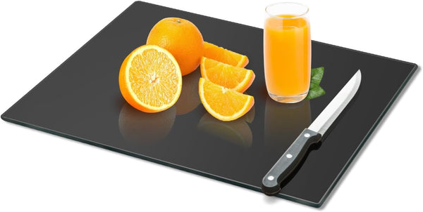Tempered glass cutting board for kitchen use, 2 pieces, 12x16 and 12x8 inches, clear, heat resistant, non-slip feet