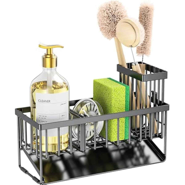 Cisily Sink Caddy Sponge Holder for Kitchen with Brush Holder and Stainless Steel Self Drain Tray, Rustproof Kitchen Sink Organizer for Sponge, Soap Dispenser Storage Accessories