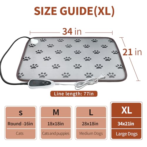 Large Waterproof Dog Heating Pad 34x21in with Smart Thermostat and Power Line Protection