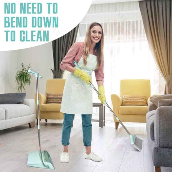 XXXFLOWER Broom and Dustpan Set with Cleaning Teeth, 55" Long Handle Indoor Sweeping Combo for Home Office Kitchen, Bluish Green