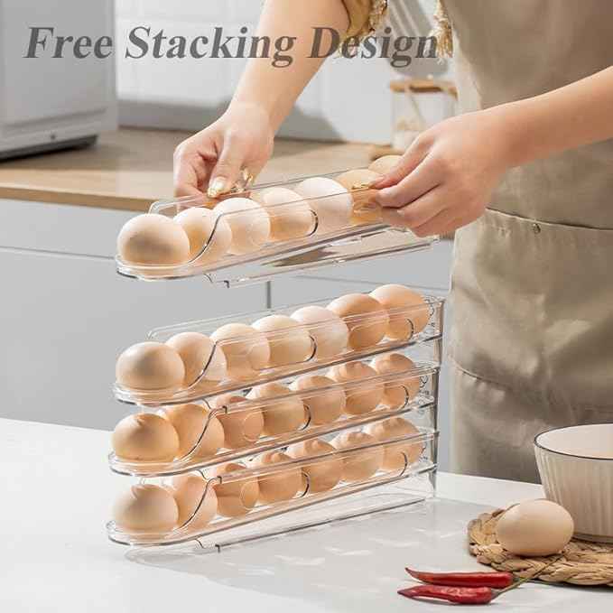 Automatic Rolling Egg Holder for Fridge Clear Countertop Kitchen Storager Container Organizer Dispenser for Refrigerator Stackable Removable, Egg Accessories - (2 pcs of 1-Tire, Stackable)
