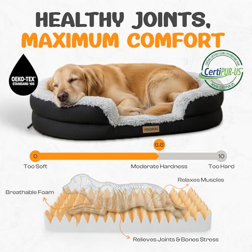Fluffy orthopedic dog bed for large & extra large dogs with curved bolster support and egg-crate foam base, 43" gray oval pet donut bed with washable cover