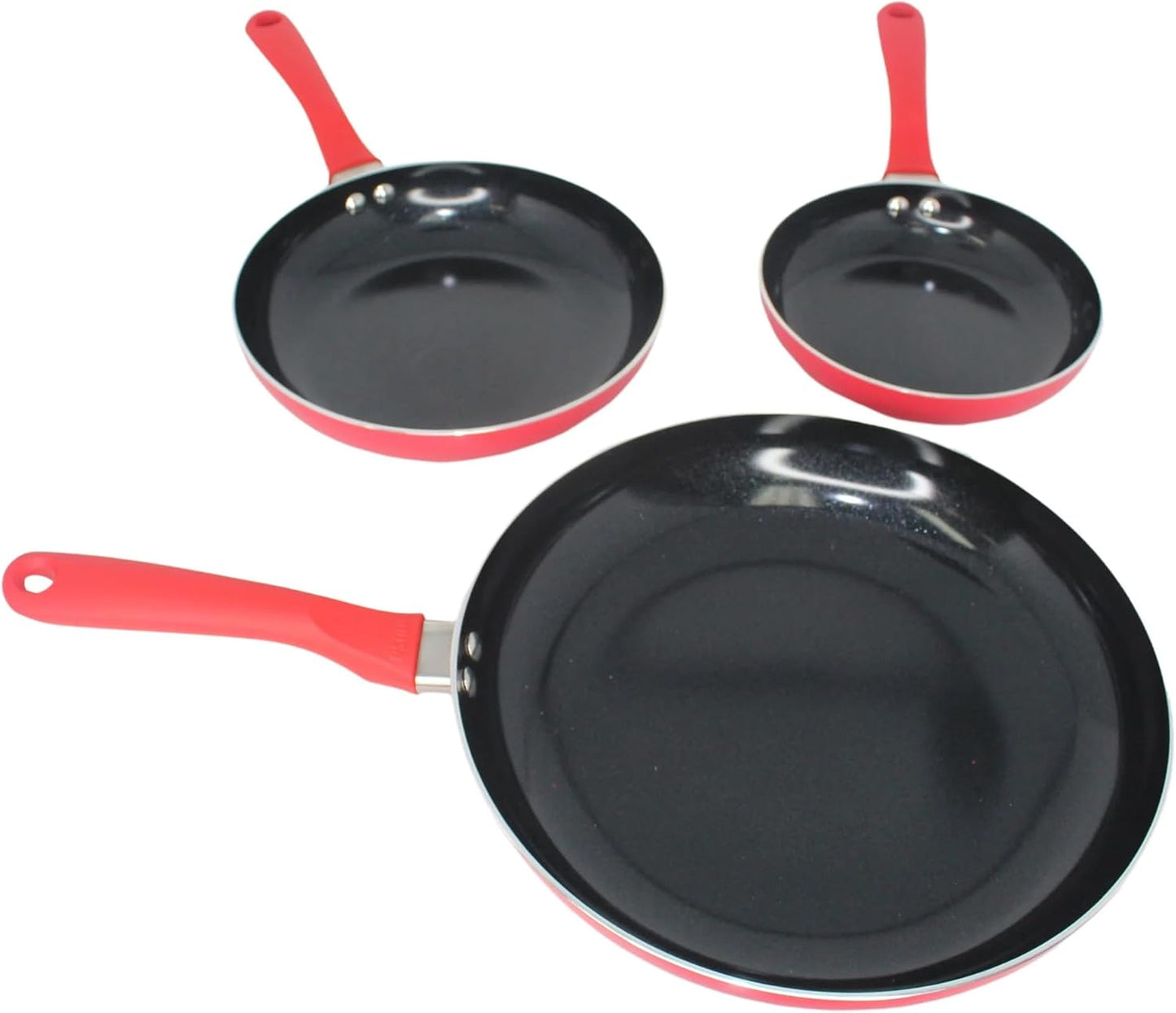 LYMSTE 3-Piece Red Ceramic Non-Stick Frying Pan Set, Aluminum Pots and Pans Set with Cool Touch Handles