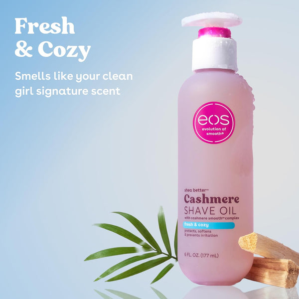eos cashmere shave oil, 6 fl oz, shea butter, glycerin, vegan, fresh & cozy, razor burn prevention