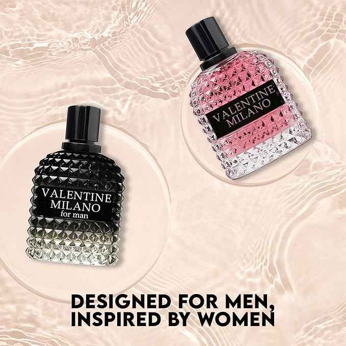 Valentine Milano Couple Set Perfume Gift Set for Women/Men EDP – (100ml x2) Amber Floral & Oriental Scents, Cologne with a Modern Twist Elegant, Plus 2 Refillable 5ml Travel Spray Bottles.