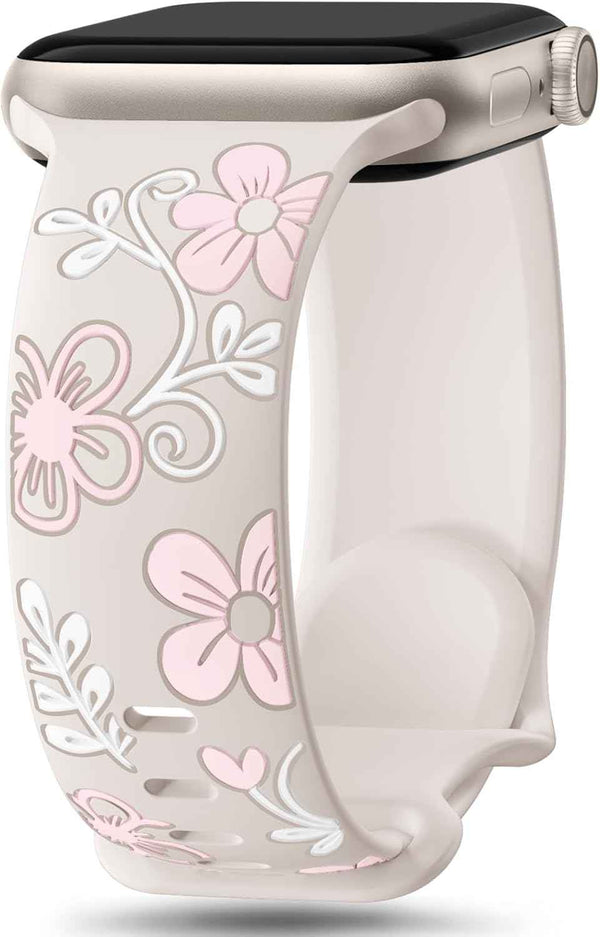 Witzon Floral Band Compatible with Apple Watch Bands For Women 40mm 41mm 38mm 42mm 44mm 45mm 46mm 49mm, Engraved Cute Flower Silicone Dressy Strap for iWatch Series 11 10 9 8 7 6 5 4 3 2 SE Ultra