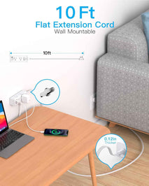 One Beat 10Ft Extension Cord with Multiple Outlets,Flat Plug Power Strip Surge Protector with 10 Ft Long Cord,6 Outlet 4 USB Ports (2USB C),Multi Outlet Wall Plug for Travel,College,Dorm Essentials