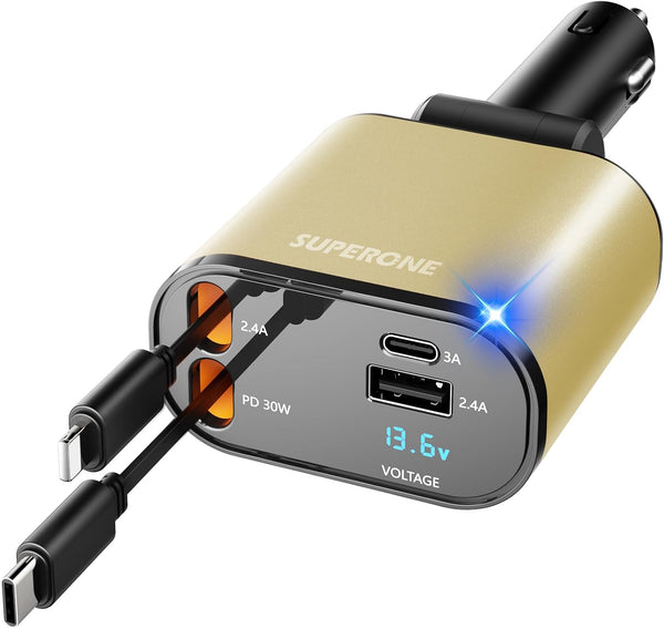 【Upgraded】 SUPERONE Retractable Car Charger 4 in 1, Fast Car Phone Charger with Cord 2.6ft, USB C and Apple Car Adapter, Compatible with iPhone 17 16 15/15 Pro Max/14/13/12/11, Galaxy, Pixel - Rayz Mart