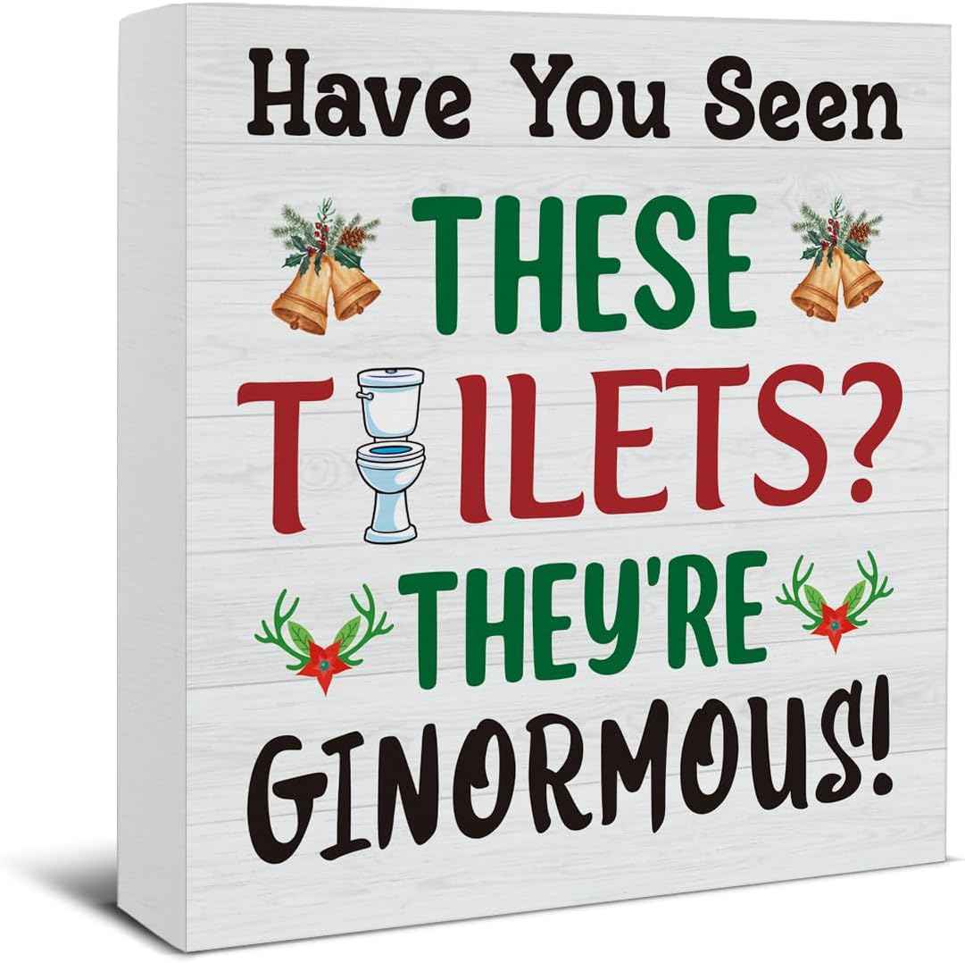 Christmas Bathroom Decorations - Funny Christmas Decor, He Sees You When You're Pooping Bathroom Wooden Sign, Home Decor for Desk Table Shelf 5 X 5 Inches