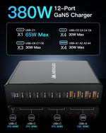 12 Ports Aluminum Alloy 380W Charging Station Fast USB C Charger Block 65W Laptop GaN Charger for MacBook Pro/Air/iPad Pro/iPhone (Gray)
