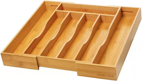 Bamboo kitchen drawer organizer for cutlery and utensils, adjustable and expandable