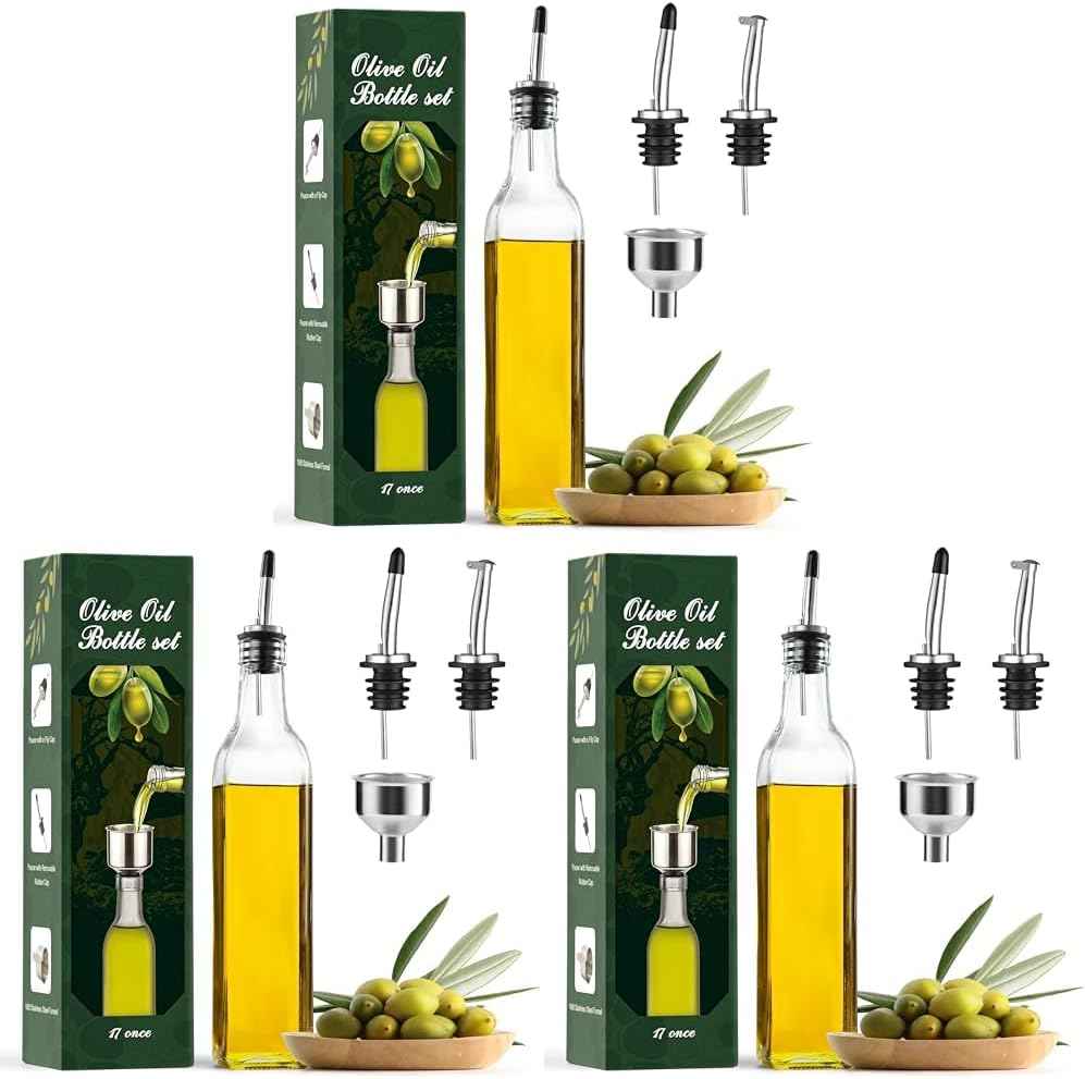 AOZITA 17oz Glass Olive Oil Bottle Dispenser - 500ml Green Oil and Vinegar Cruet with Pourers and Funnel - Olive Oil Carafe Decanter for Kitchen
