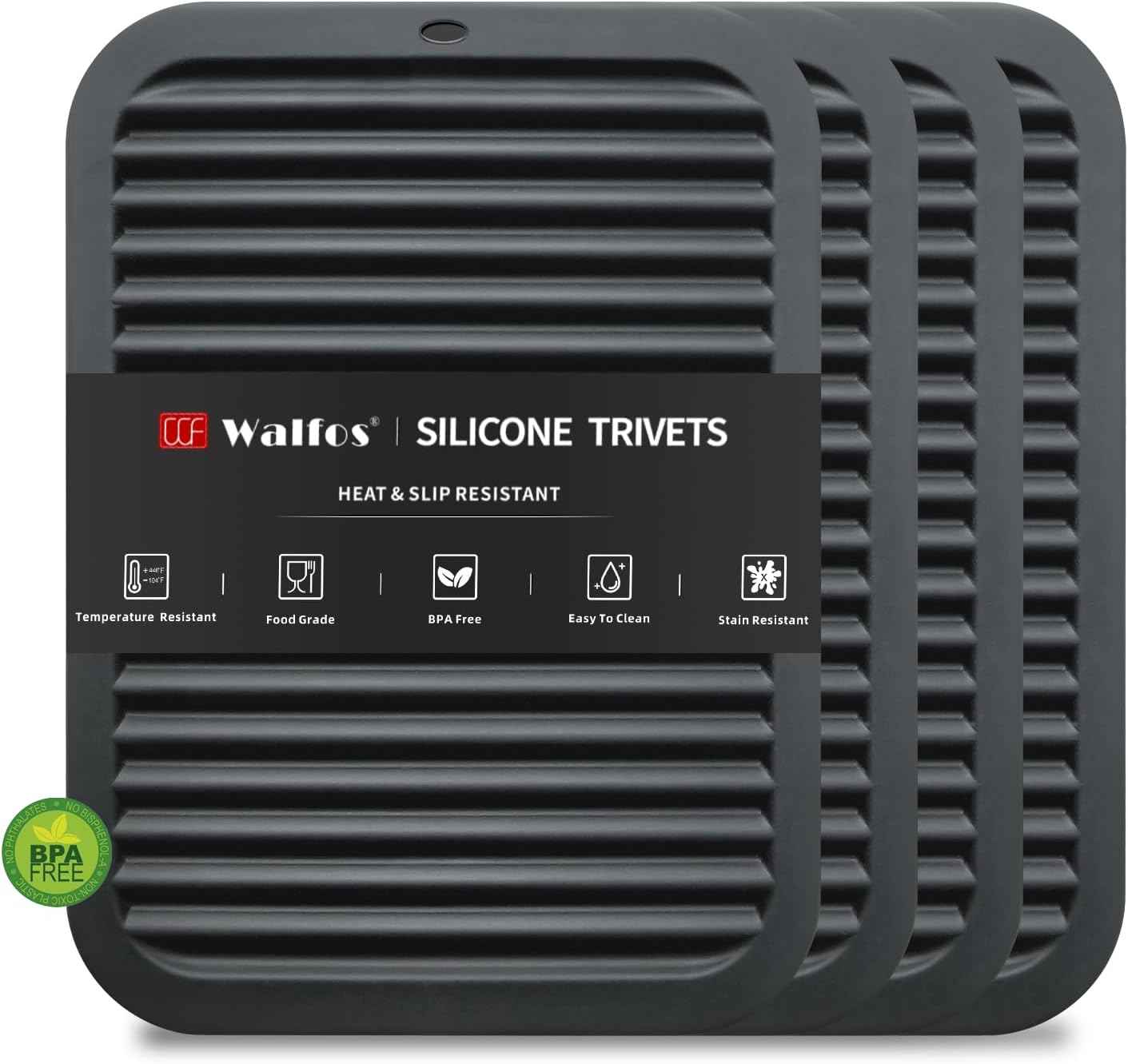 Walfos Silicone Trivet Mats - 4 Heat Resistant Pot Holders, Multipurpose Non-Slip Hot Pads for Kitchen Potholders, Hot Dishers, Jar Opener, Spoon Holder, Food Grade Silicone & BPA Free (Black)