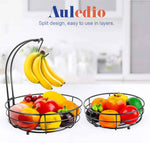Auledio 2-Tier Countertop Fruit Vegetables Basket with Banana Hanger, Black, 64 oz