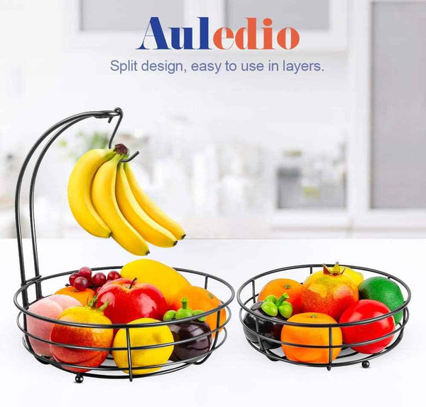 Auledio 2-Tier Countertop Fruit Vegetables Basket with Banana Hanger, Black, 64 oz