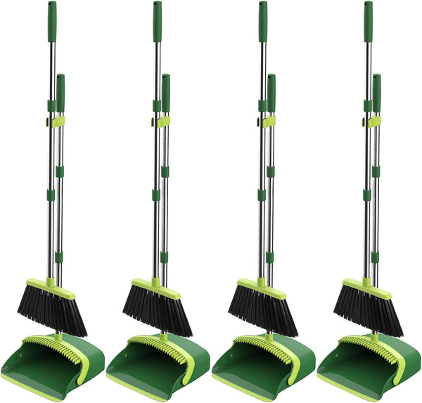 NACENA Broom and Dustpan Set, 52-in Long Adjustable Handle Broom Dustpan Combo with Dustpan Teeth to Automatically Clean Hair Suitable for Home Kitchen Office Hall Floor（Black&Red）