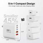 60W 5-Port USB C Charger Block with Fast Charging and Multiple Ports