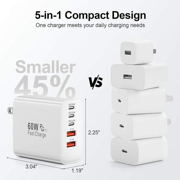 60W 5-Port USB C Charger Block with Fast Charging and Multiple Ports