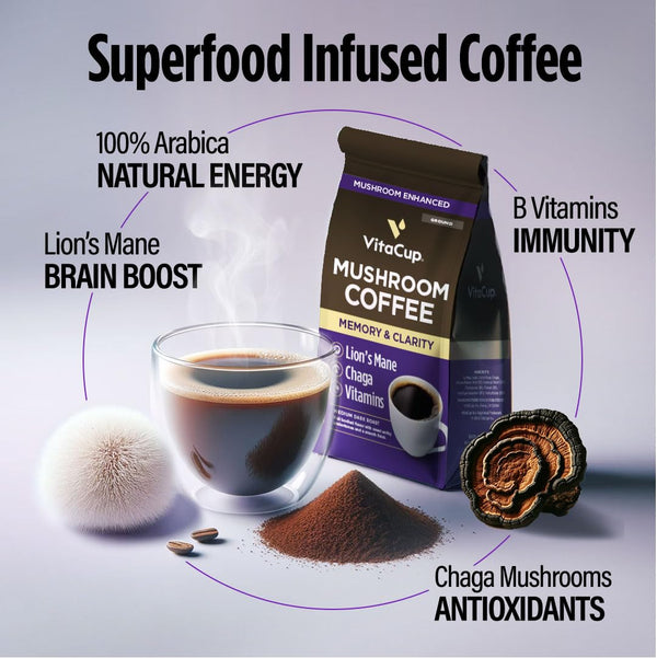 VitaCup Mushroom Coffee Grounds with Lions Mane and Chaga, Medium Dark Roast Arabica Specialty Coffee, 10 Oz