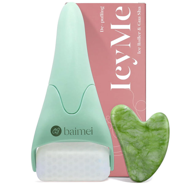 BAIMEI IcyMe Ice Roller for Face and Gua Sha Facial Tool Set, Ice Face Roller Reduces Puffiness Relieves Migraines Skin Care Tools, Self Care for Women - Pink