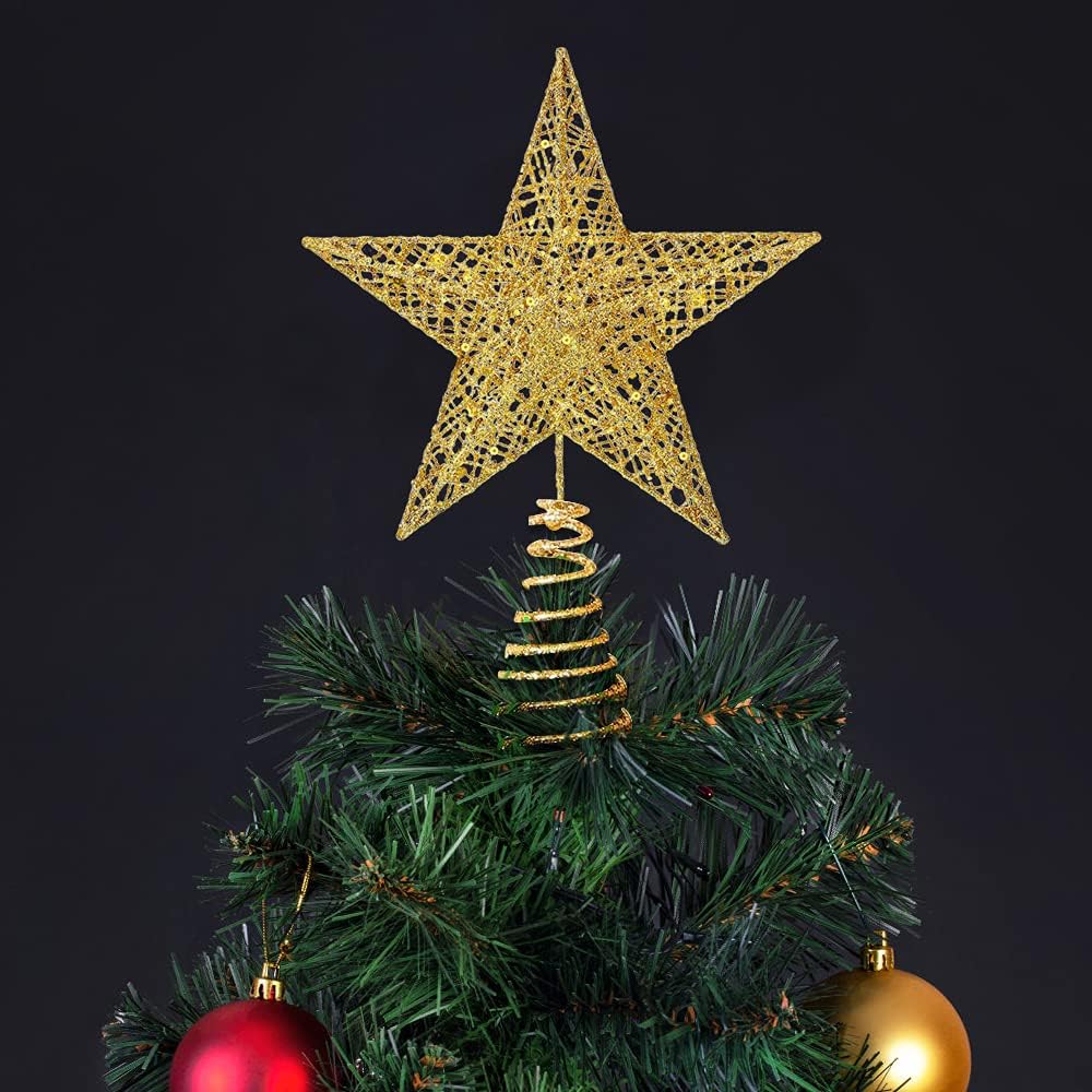 Christmas Tree Topper – Glitter Gold Hollow Star for Xmas Tree Decoration, Sparkling Treetop Ornament for Holiday Decor