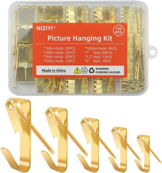 152Pcs Picture Hanging Kit, Picture Hangers 10lb, 20lb, 30lb, 50lb, 100lb Hooks with Nails, Heavy Duty Photo Frame for Pictures, Painting ,Mirror, Wall Art Mounting on Drywall, Wooden Wall