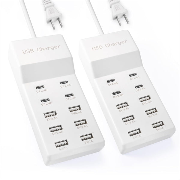 USB Charging Station with 6 USB-A and 4 USB-C Ports, 50W 10A USB Charger Block for Smart Phone, Tablet, Laptop, Multiple Devices - USB Power Strip with Auto-Detect Technology