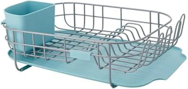 Compact kitchen dish rack with removable flatware caddy and angled drainboard