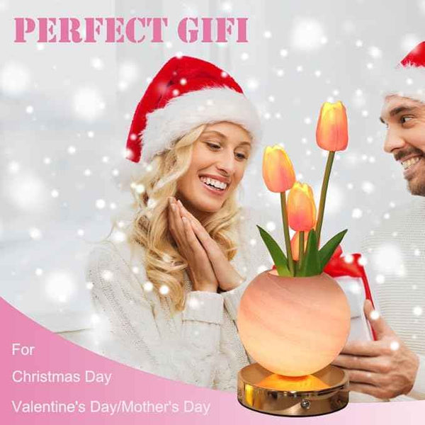 Rechargeable Cordless Touch Tulip Flower Table Lamp, 3-Color Infinitely Dimming Night Light with LED Artificial Tulips Decor (Pink)