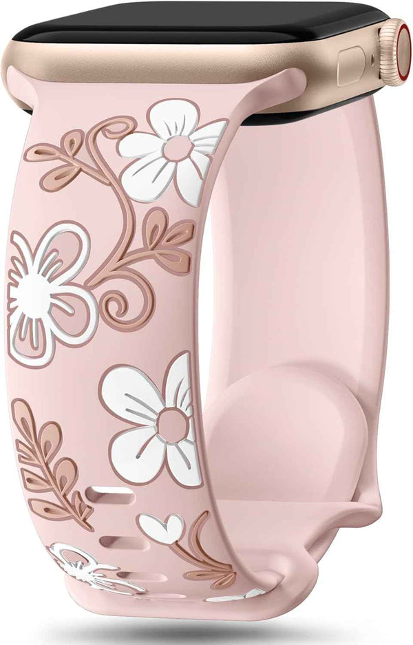 Witzon Floral Band Compatible with Apple Watch Bands For Women 40mm 41mm 38mm 42mm 44mm 45mm 46mm 49mm, Engraved Cute Flower Silicone Dressy Strap for iWatch Series 11 10 9 8 7 6 5 4 3 2 SE Ultra