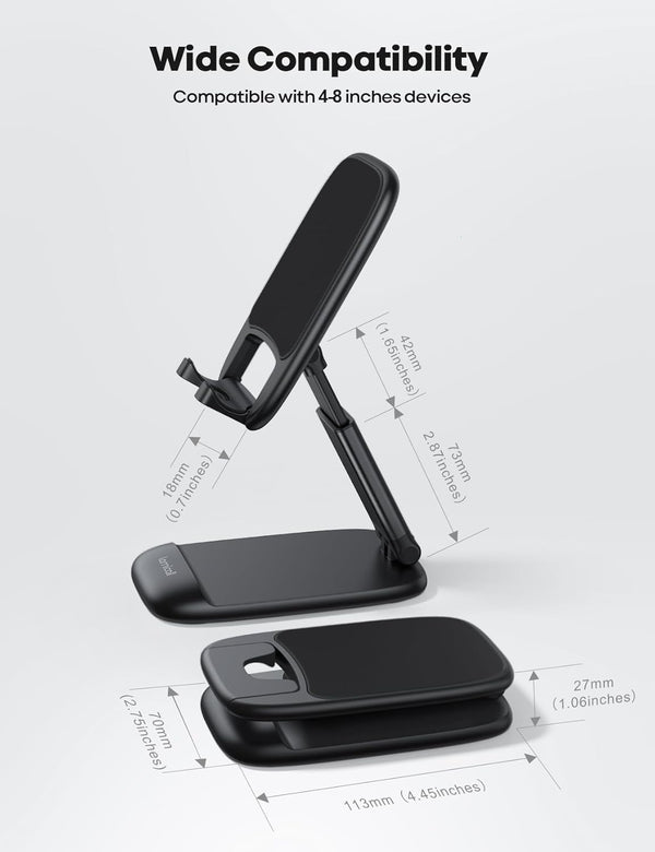 Adjustable phone stand for desk, compatible with iPhone and Galaxy