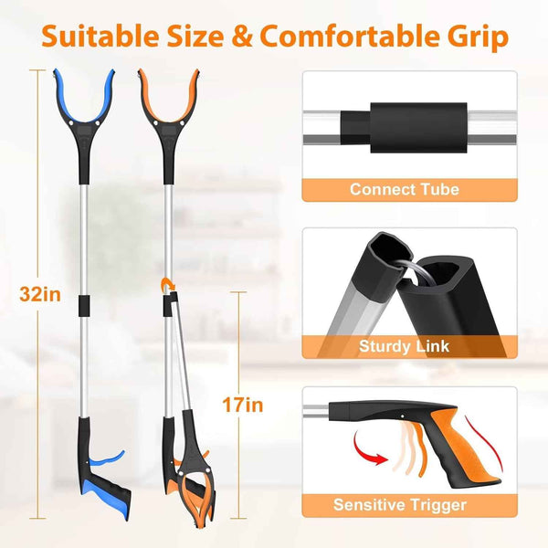 32" 2-pack grabber reacher tool with 360° rotating jaw & magnet, foldable, durable, for seniors and limited mobility
