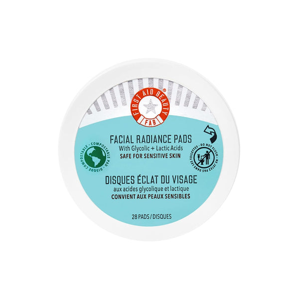 First Aid Beauty facial radiance pads with glycolic lactic acids daily exfoliating pads for sensitive skin compostable one-step makeup prep 28 count